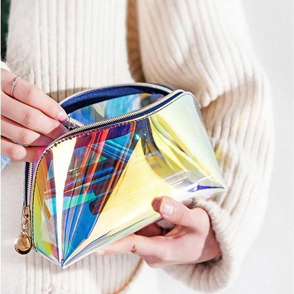 

storage bags thickened semicircle laser pvc cosmetic bag transparent waterproof colorful shell wash makeup brush pencil case