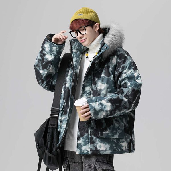 

winter feather collar neutral down cotton padded jacket men's fashion brand loose camouflage thickened tooling cotton padded jacket men, Black