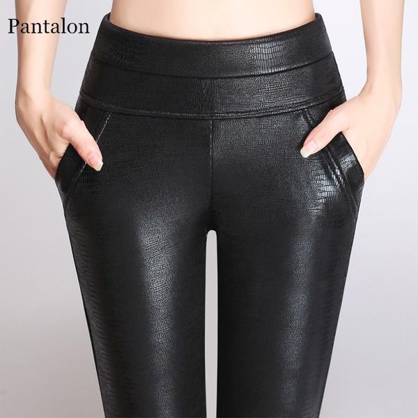 

women's pants & capris 2021 winter warm fleece women leather pencil pu botton breeches high waist stretch plus size female trouser for, Black;white