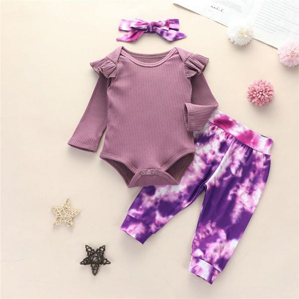 

clothing sets 0-24m born infant baby girl clothes set long sleeve knitted romper + tie dye pants+headband 3pcs suit autumn outfit, White