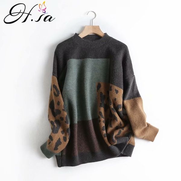

h.sa spring women vintage leopard pullover and sweaters patchwork brown knit jumpers loose styler korean slim pull 210805, White;black