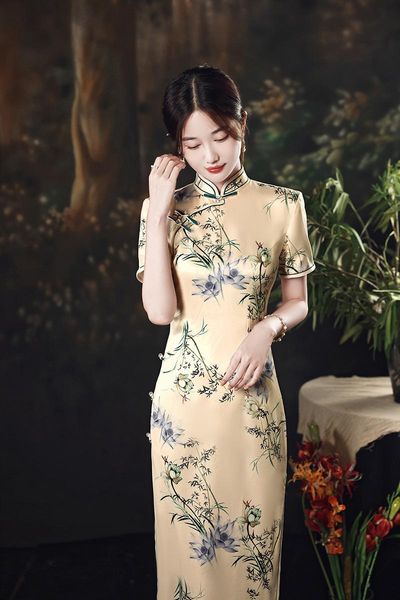 

ethnic clothing 2021 chinese style floral print cheongsam women vintage traditional elegant mandarin collar slim qipao, Red