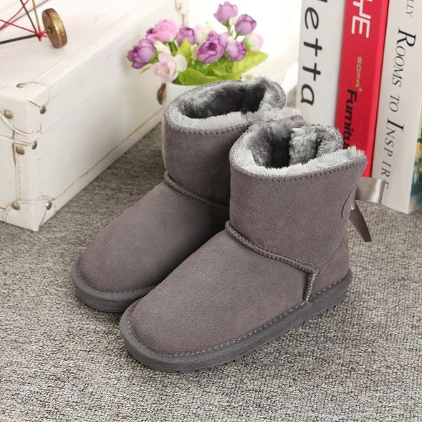 

boots 2021 one bow style and girls' shoes low tube cowhide warm student cotton middle young, Black