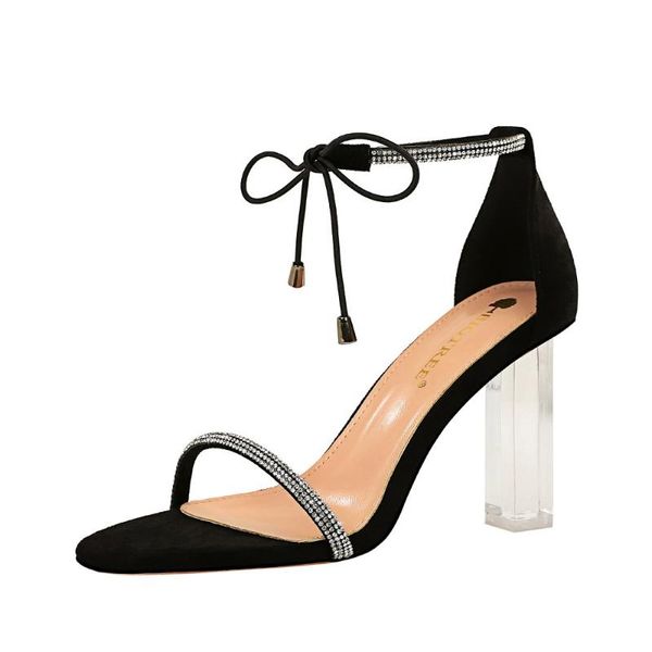 

sandals fashion open toed flock ankle strap cross-belt high heels plus size women shoes, Black