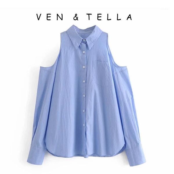 

ven&tella studio spring and summer designoff-the-shoulder lapel pocket, long-sleeved slim loose vertical stripe design shirt women's bl, White