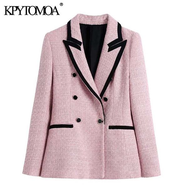

kpytomoa women fashion with piping patchwork tweed blazer coat vintage long sleeve welt pockets female outerwear chic veste 211019, White;black