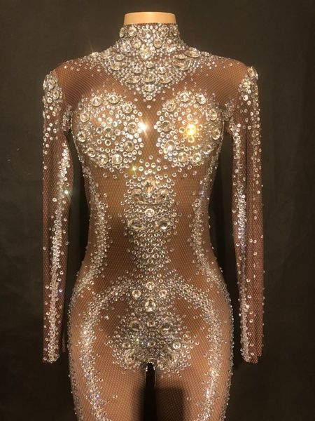 

nightclub stage costume net yarn big glass diamonds women jumpsuit with 1000pcs sparkling crystals hand made bodysuit, Black;red