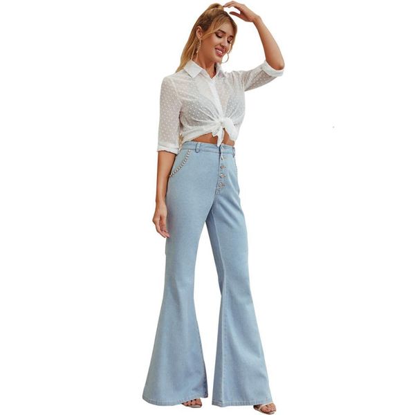 

plus factory sale size streetwear flared pants spring autumn cotton high waist flare jeans women ux06, Blue