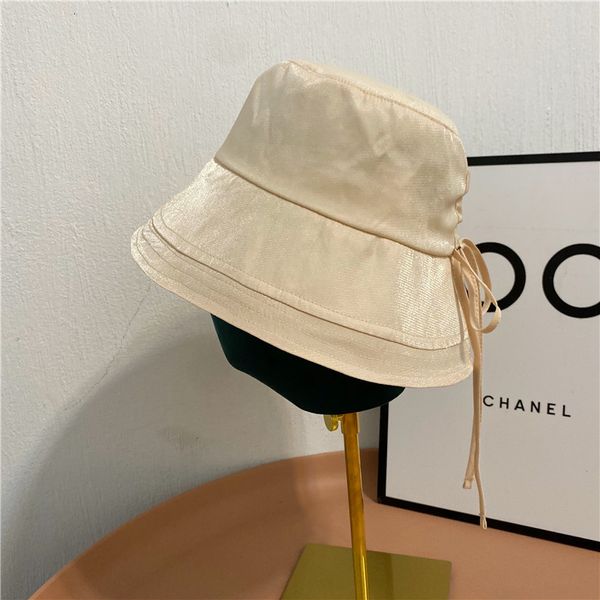

satin thin fisherman's female summer foldable strap bucket hat seaside holiday big edge cover hat, Yellow