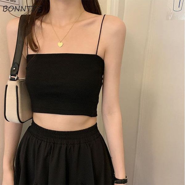 

women's tanks & camis women summer fashion spaghetti strap solid streetwear leisure all-match stretchy crop female slim korean sty, White