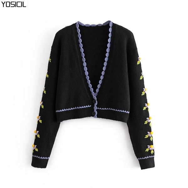 

yosicil elegant floral embroidery sweater women v casual cardigan sweaters vintage lady knitted cropped outerwear, White