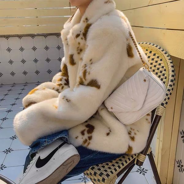 

winter notched collar hairy shaggy tuscan cow leopard fur jacket long sleeve furry women coat loose short outerwear, Black