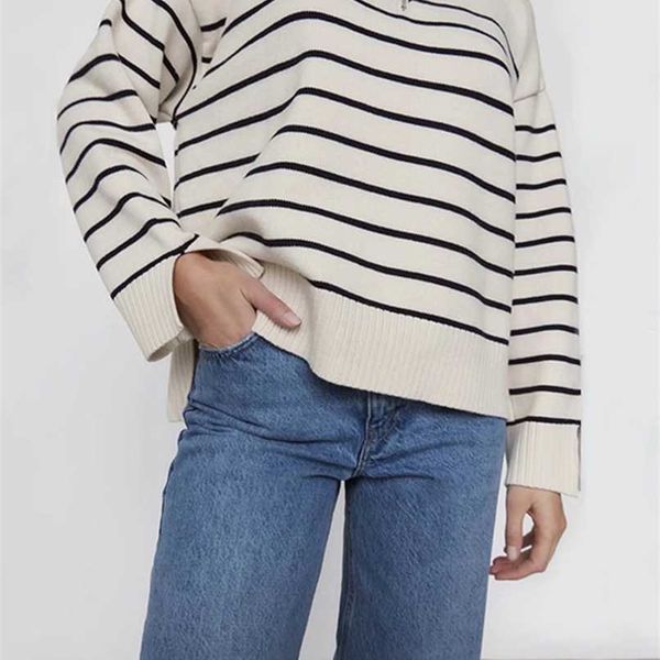 

wixra women sweater striped casual zipper mock neck split knitted ladies pullover loose autumn high streetwear 211218, White;black