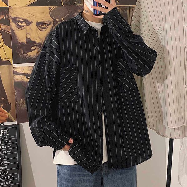 

privathinker black white striped men's shirts harajuku men casual long sleeve shirt streetwear man oversized blouse 210628, White;black