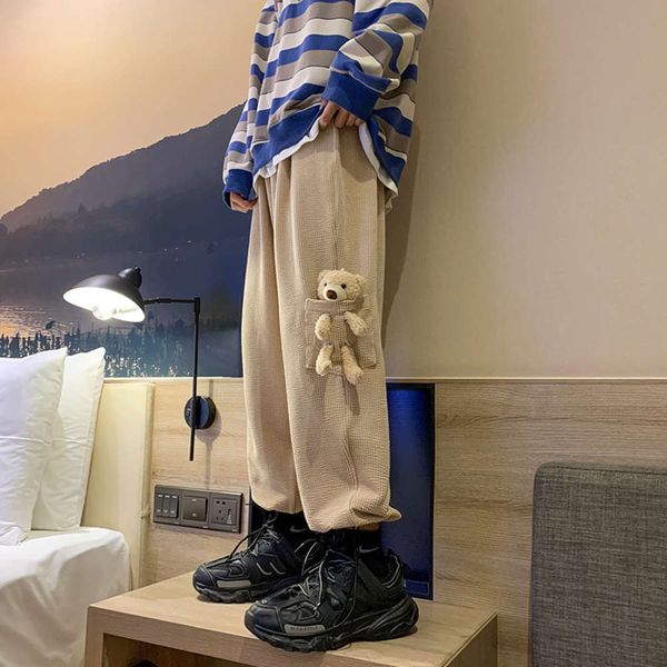 

corduroy men's small feet autumn winter casual trend loose and thickened bear pants, Black