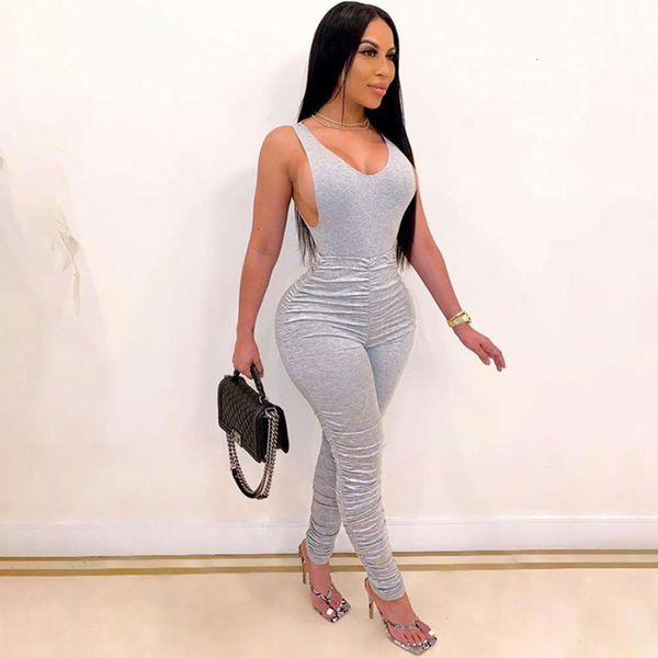 

new men's wear summer 2020 open back jumpsuit pleated leggings suit, Gray