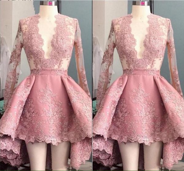 

dusty pink prom dresses v neck mini hi-low full sleeves womens special occasion party dress short gowns evening gowns lace a-line dress, Black;red