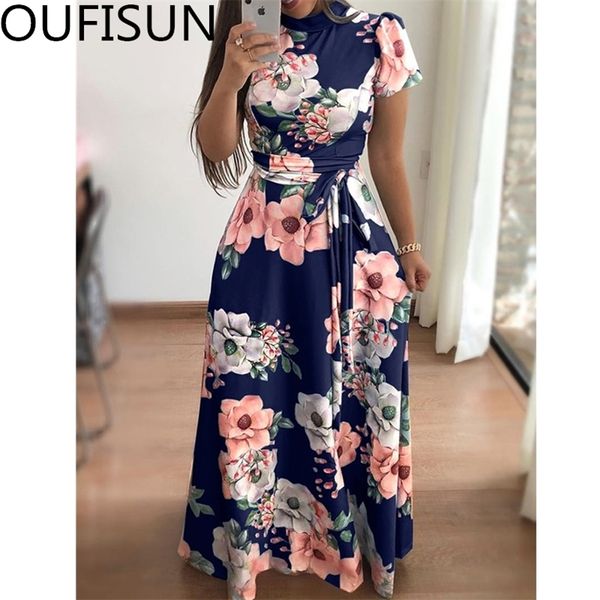 Frauen Sommer Casual Kurzarm Langes Kleid Boho Blumendruck Schlankes Partykleid Rollkragen Schärpen Kleider Vestidos Plus Größe 5XL 210309