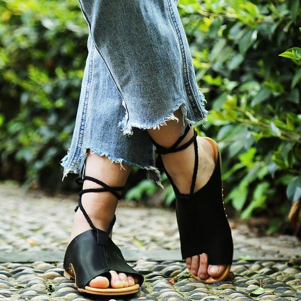 

sandals fashion flats shoes leather gladiator summer flat sandles ladies ankle strap femme sandale 2021 outdoor beach 34-43, Black
