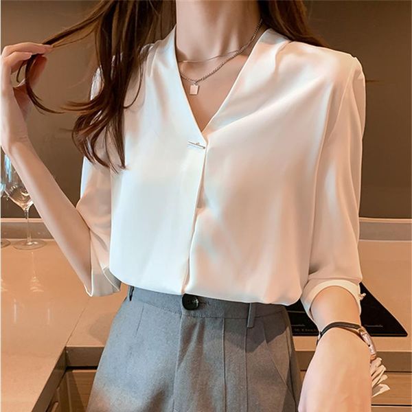 

women's blouses & shirts office lady chiffon shirt summer fashion short sleeve women 2021 v-neck loose vintage thin blusas mujer 15375, White