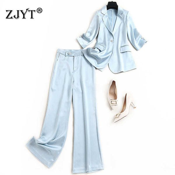 

elegant office lady spring suit women notched striped satin blazer and pants two piece set ol outfits 210601, White
