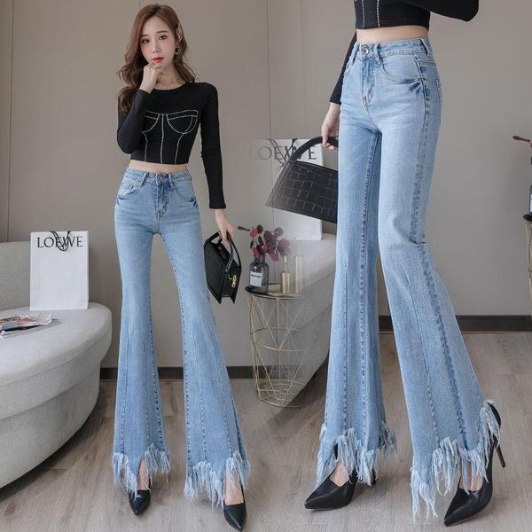

women's jeans 2021 spring woman casual solid elastic denim flare pant lady tassel high waist chic straight female vintage trouser f974, Blue