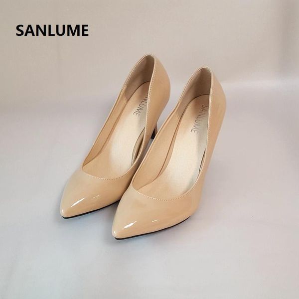 

dress shoes brand sanlume 5.5cm/7.5cm women fashion patent high heels pointed toe nude wedding party pumps big size 41 real picture, Black