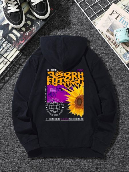 

men letter & sunflower print kangaroo pocket hoodie q2vo#, Black