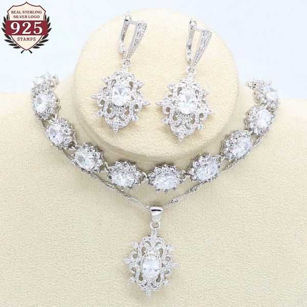 

wedding jewelry sets geometric white zircon 925 silver set women bracelet earrings pendant birthday gift, Slivery;golden