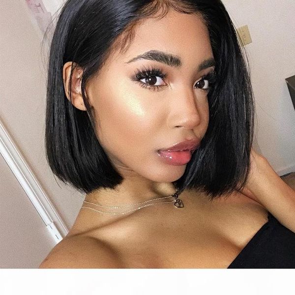 

150% short bob wig for women brazilian remy hair straight lace front human hair wigs side part bleached knots medium size, Black;brown