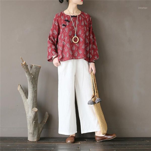 

women's blouses & shirts women floral print elegant vintage shirt summer blouse and cotton blusas o neck chinese style wear 2021 plus, White