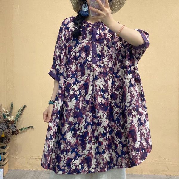 

women's blouses & shirts johnature women vintage long and print floral stand 2021 summer loose cotton linen female button, White