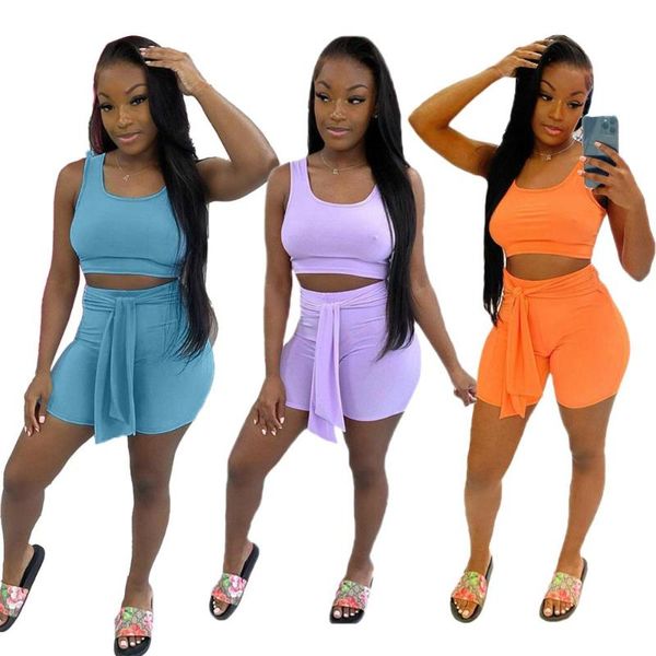 

women's tracksuits women sportwear summer 2pcs short outfits solid color sleeveless tank crop casual tight mini shorts waist strap, Gray