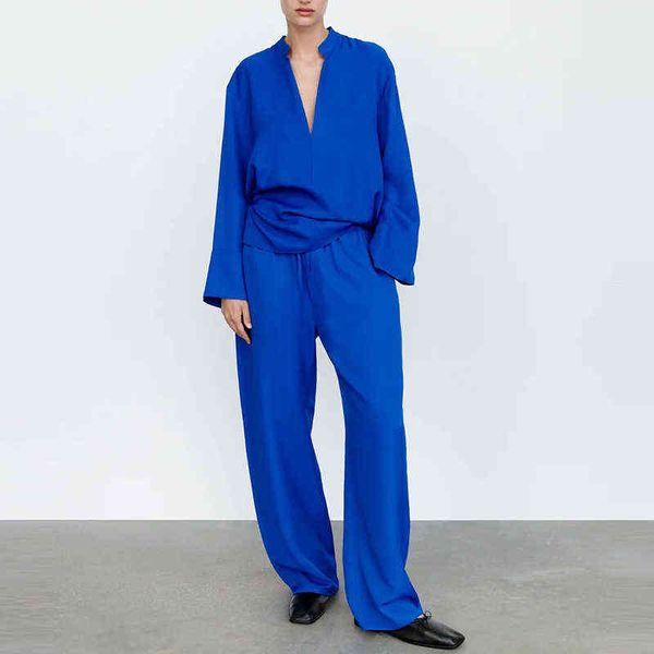 

za women suits 2-piece suit autumn fashion simple loose blue v-neck women suit casual street youth fashion suit women 211118, White