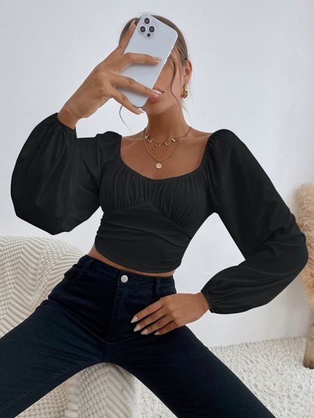 

sweetheart neck lantern sleeve crop r9t0#, White