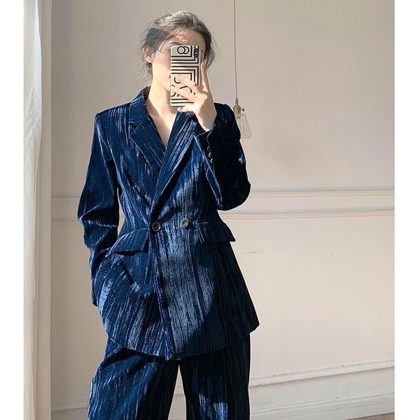 

women's two piece pants [ewq] korea chic velvet suit set autumn winter leisure fashion 2021 temperament blazer and two-piece 16e4264, White