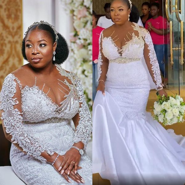 

luxury african white lace mermaid wedding dresses bridal gows with long sleeves crystals beads appliqued belt plus size bride formal dress c