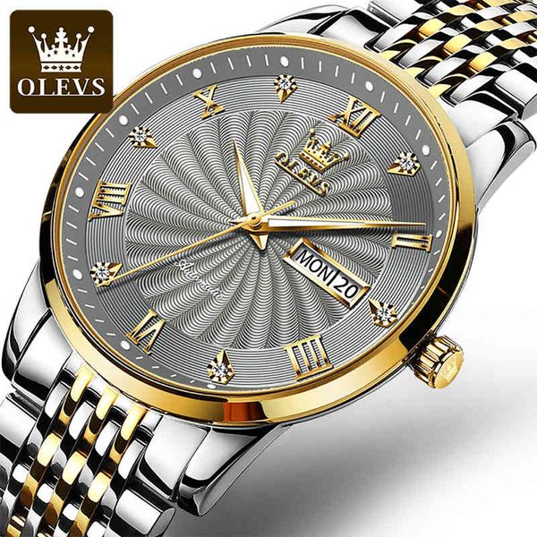 

olevs 2021 new business men automatic mechanical clock lighting diamond 30m waterproof stainless steel tape 6630, Slivery;brown