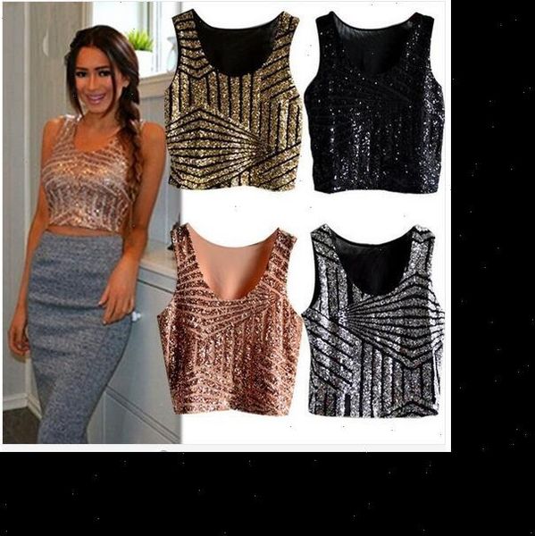 

new 2021 fashion women tank summer vest black gold sequin crop nightclub costume clothing, White