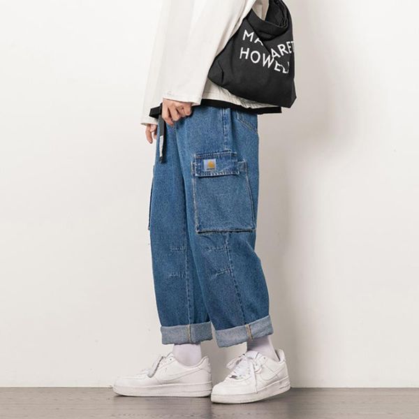 

men's jeans 2021 trendy brand casual pants loose tooling clothing, Blue