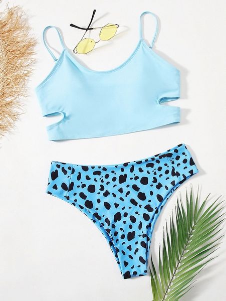 

plus dalmatian cut-out side bikini swimsuit 96ef#, Black
