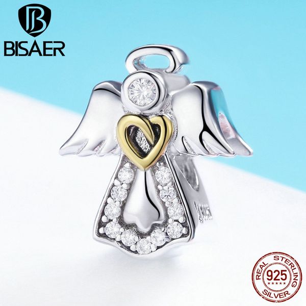 925 Sterling Silver Guardian Angel Charms Gold Coração Beads Fit Bisaer Pulseira para Mulheres Prata Beads Jóias Fazendo ECC747 Q0531