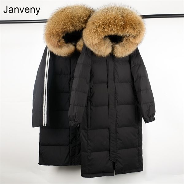 

janveny large real raccoon fur collar women winter 90% duck down jacket female loose thick long feather coat plus size 211007, Black