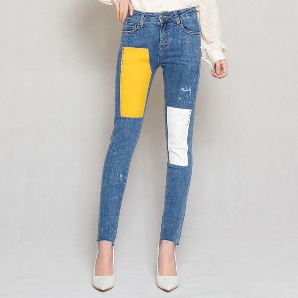 

women's jeans korean spring summer womens patchwork stretchy rivets skinny pencil denim pants , blue ripped trousers for woman