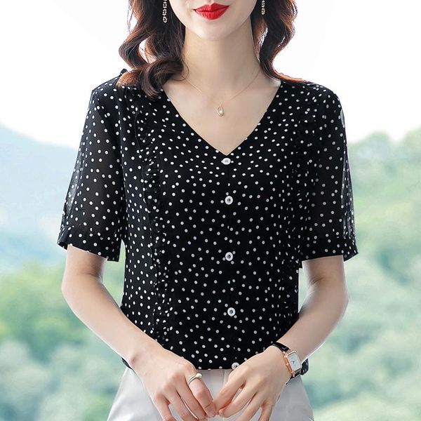 

women's blouses & shirts 2021 summer large size loose-fitting polka dot shirt temperament v-neck short-sleeved chiffon lady, White