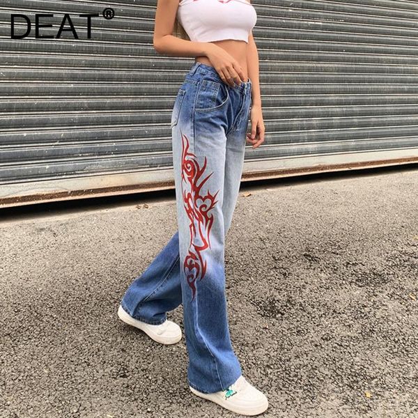 

women's jeans [deat] autumn fashion tide straight-leg pants high waist printing gradient colour temperament women 13z361, Blue