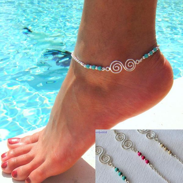 

anklets bohemian natural turquoises beaded spiral alloy guru anklet chain bracelets for women girls, Red;blue