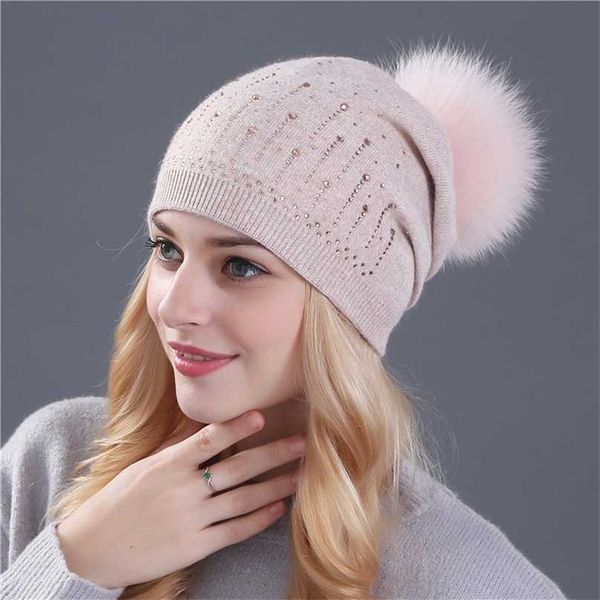 

xthree women winter beanies hat for shining cashmere wool knitted the female fur pom 211119, Blue;gray