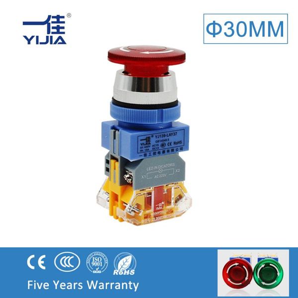 

smart home control yijia 30mm emergency sled push button switch 12v 24v 220v red light mushroom head self-lock lay37-11zsd