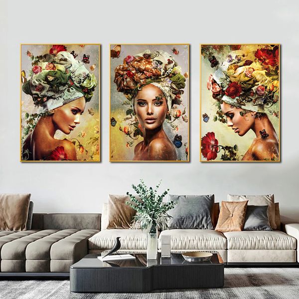 Retro Frau Blume Poster und Drucke Abstrakte Leinwand Malerei Moderne Wandkunst Bilder Für Wohnzimmer Wohnkultur Mädchen Quadros